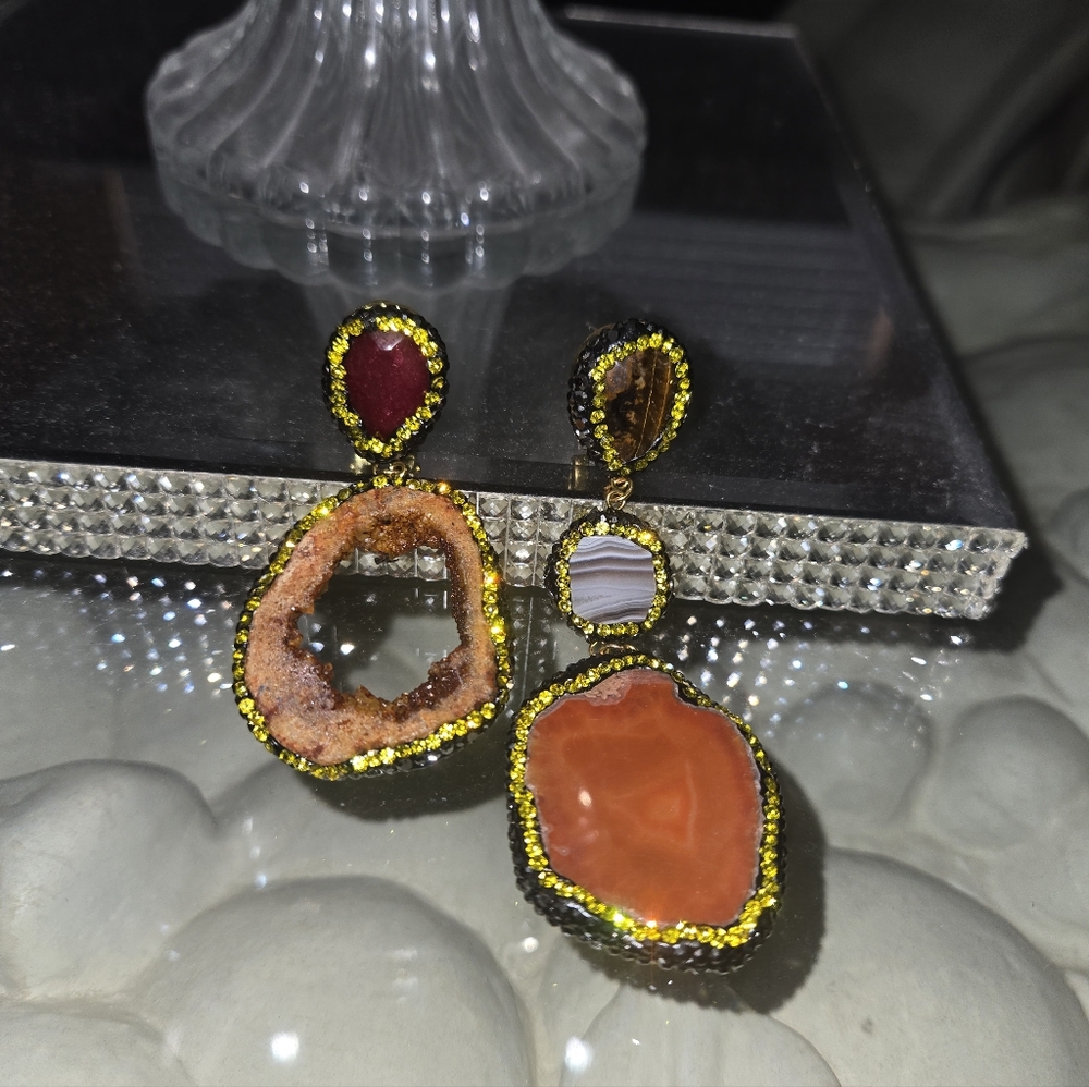 Elegant Gold and Red Geode Earrings